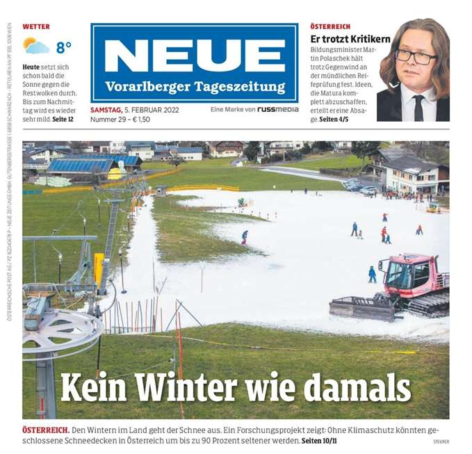 Abb. 1: Das Titelblatt der „NEUEN Vorarlberger Tageszeitung“ vom 05. Februar 2022. Sowohl die Schlagzeile als auch das von der Redaktion ausgesuchte Foto signalisieren: „No future!“
