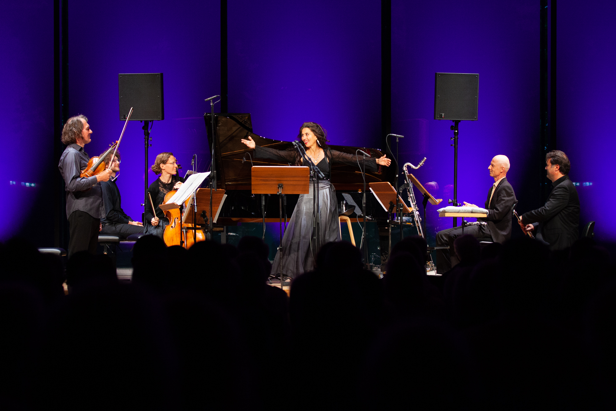 Timna Brauer und das Ensemble: Oswald Sallaberger (Violine), Barbara Riccabona (Cello), Walter Seebacher (Klarinette), Gionata Sgambaro (Flöte) und Michael Schöch (Klavier)