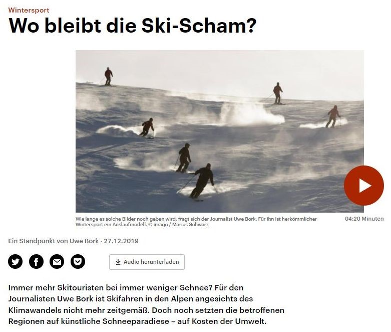 Der Journalist Bernd Oswald fragt auf der Webseite des Bayerischen Rundfunks am 16. Dezember 2020: „Darf man noch Skifahren?“ Oder mache „man sich da nicht schuldig?“ 