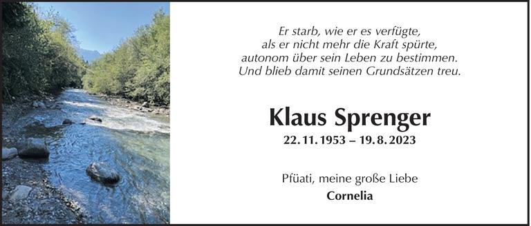Todesanzeige in der Tiroler Tageszeitung vom Ableben Klaus Sprengers am 19.08.23